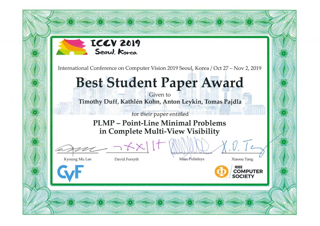 Award for CIIRC CTU Best Student Paper at ICCV 2019 CIIRC